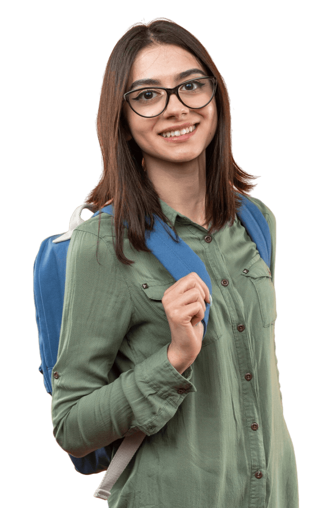 Person wearing green shirt and backpack.