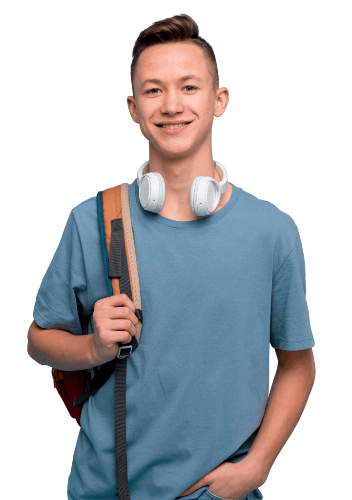 Young person with headphones and backpack.