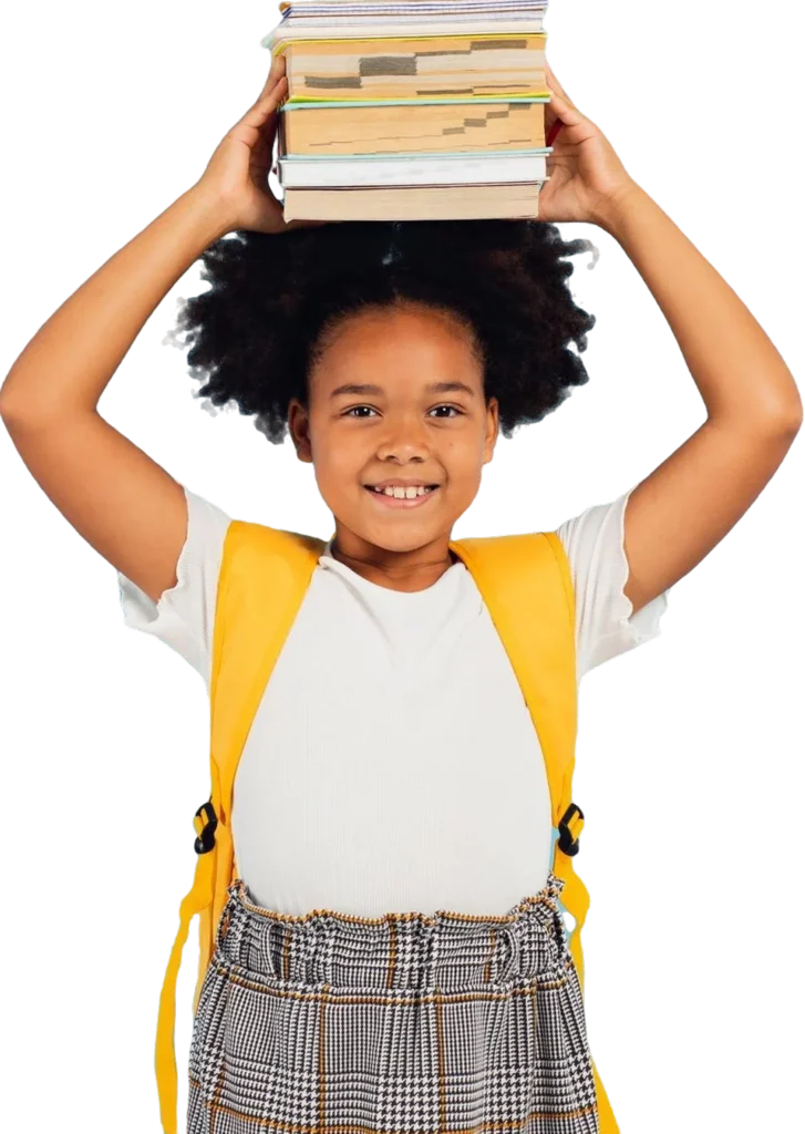 Child holding books with backpack.